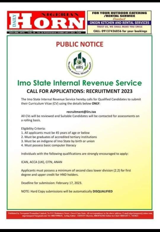 Imo State Internal Revenue Service recruitment